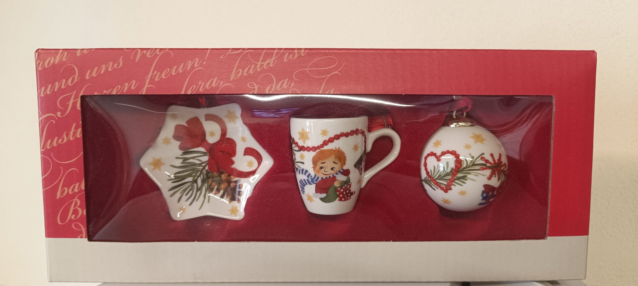 Hutschenreuther Mini Set Addobbi Natalizi Piatto a Stella,Bicchiere con Manico e Sfera in Porcellana