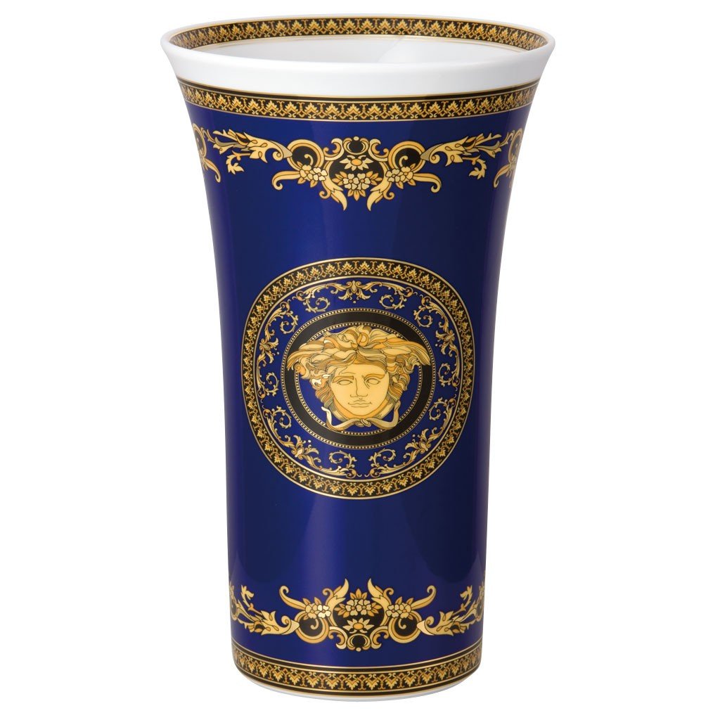 Vaso Porcellana Versace Rosenthal decoro Medusa blu rifinitura oro 14091-409620-26034
